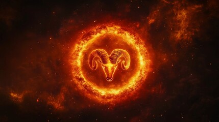 A glowing Aries symbol surrounded by a fiery red and orange aura with a ram constellation in the background