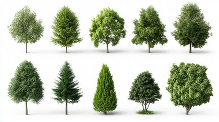 Large collection of isolated 3D green trees on a white background suitable for architectural design visualization or garden decoration