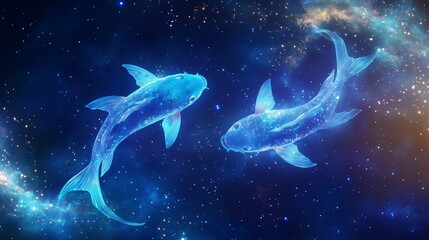 Pisces symbol with two glowing fish swimming through a cosmic sea of ​​stars