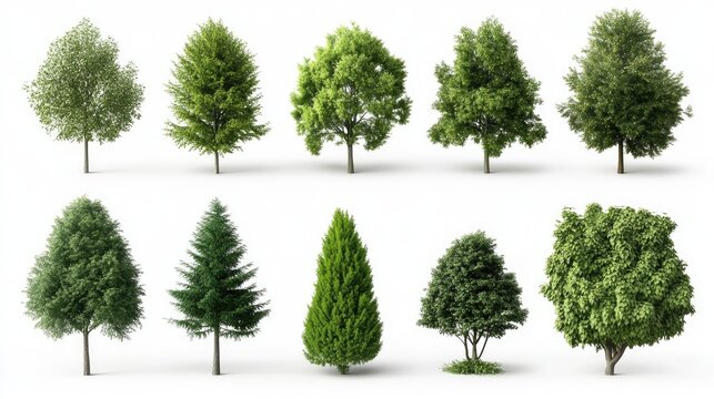 Large collection of isolated 3D green trees on a white background suitable for architectural design visualization or garden decoration