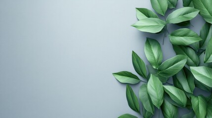 Obraz premium Green leaves on a gray background featuring a banner with space for text