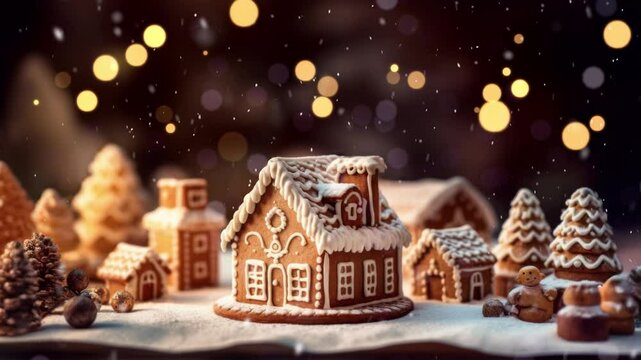 Christmas gingerbread houses on wooden table with bokeh background and snowfall. Pastries in the form of houses. Festive scene with holiday pastries. Christmas and New Year background.
