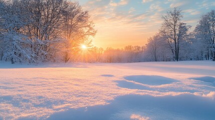 Snow covered landscape at sunset showcasing the beauty of winter scenery