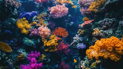 Naklejka premium A vibrant coral reef teeming with various species of corals