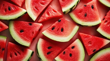 Juicy red watermelon slices with vibrant green rind on a bright background ideal for summer concepts