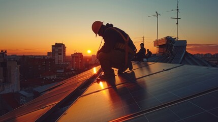 Obraz premium Early morning rooftop scene with technicians setting up solar panels. Green energy focus