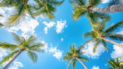 Fototapeta premium View of palm trees from below set against a bright blue sky on a sunny day showcasing a vibrant tropical nature scene