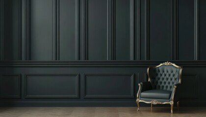 Elegant black wall with tufted armchair in a minimalist interior setting