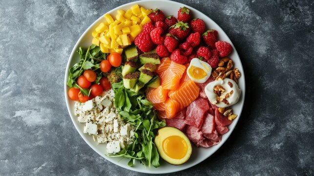 Nutritious food arrangement showcasing a balanced diet Emphasizing clean eating with essential vitamins and minerals for a healthy lifestyle