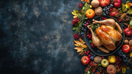 Thanksgiving themed background featuring a decorative turkey dish and autumn harvest elements providing ample space for text