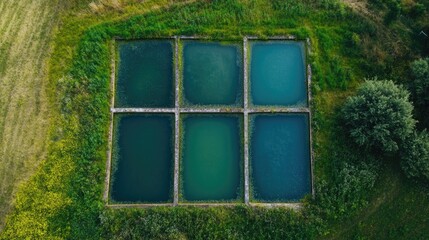 Aerial perspective of stormwater collection ponds Rainwater retention basins viewed from above Artificial pools designed for irrigation purposes