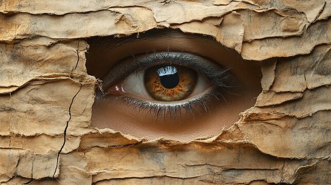 Eye peeking through torn paper, mysterious and intense gaze, close-up on brown eye, textured paper background, concept of curiosity, mystery and focus, creative art photography

