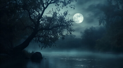 Creepy trees loom over foggy river under full moon. Moonlight illuminates eerie swampy foggy landscape. Spooky and mystical Halloween atmosphere. Scary banner, background or backdrop with copy space