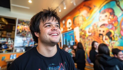 Obraz premium Smiling young man in a colorful café during a lively gathering