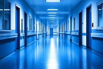 Obraz premium Empty brightly lit hospital corridor with clean white walls and reflective blue floors capturing the sterile cold atmosphere of a medical setting