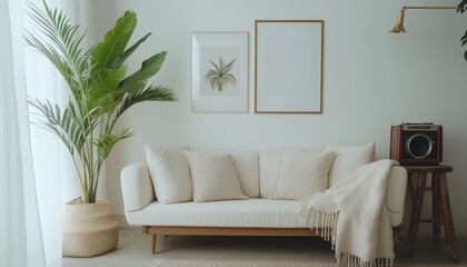 Cozy living room with a white sofa, leafy plant, and warm natural light in daytime