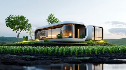 Obraz premium Modern House Amidst Lush Biofuel Crops at Sunset