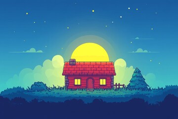 Obraz premium Cute illustration of a small house with a glowing yellow sun rising in the background creating a cozy warm morning scene with soft calming colors