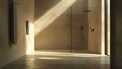 A modern bathroom featuring natural light and a sleek glass shower