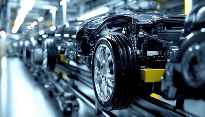 Automotive assembly line showcasing electric vehicle production in a modern factory