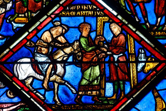 2024-10-15, Sens, FRANCE. Stained glass (16th century) of Parable of the Good Samaritan.