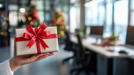 hand holding a CHRISTMAS gift IN AN OFFICE with a Christmas tree out of focus