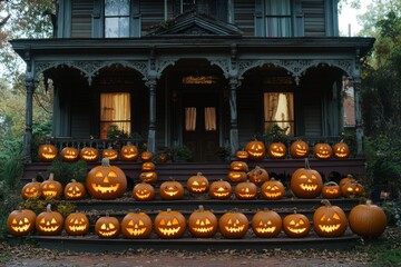 Fototapeta premium Grand Victorian mansion with dozens of glowing jack o lanterns lined up on the steps creating a spooky festive Halloween atmosphere with warm lighting and autumn charm