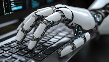Robotic hand typing on keyboard in a futuristic digital workspace