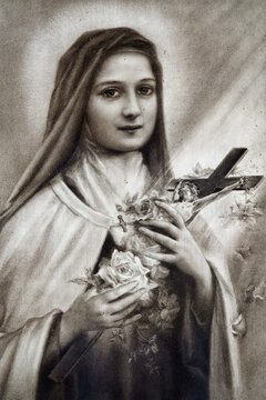 2024-10-15, Senan, FRANCE. Ancient devotional image of St. Therese of Lisieux or Th&eacute;r&egrave;se de Lisieux, Carmelite nun and Saint of the Roman Catholic Church.
