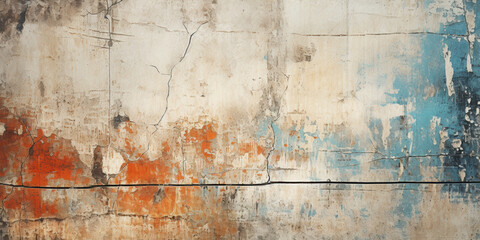 Obraz premium A weathered, cracked concrete wall features patches of peeling paint in faded orange and blue tones. The texture and fractures add character, giving the surface an aged, industrial appearance