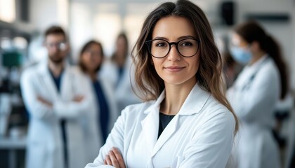 A laboratory researcher proudly poses with colleagues in modern facility during day