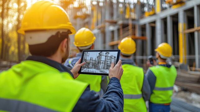 A group of construction workers wearing hard hats and vests closely examine project plans on a tablet at sunset on a busy site