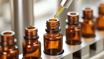 Laboratory worker dispensing liquid into amber glass vials for pharmaceutical use
