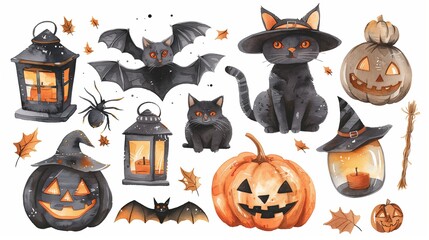 A collection of Halloween stickers featuring pumpkins, bats, and witches. The stickers are arranged in a grid, with some overlapping and others standing alone. Scene is spooky and festive
