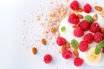 This delightful breakfast creation features creamy yogurt adorned with ripe banana slices, luscious raspberries, crunchy almonds, and a dash of oats, making it a perfect start to the day