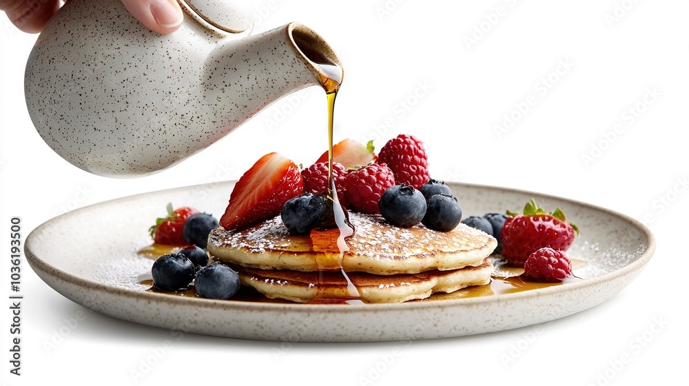 Wall mural  A person pouring syrup onto a stack of blueberry-topped pancakes on a white plate