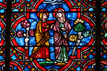 2024-10-16, Auxerre, FRANCE. Stained glass (17th century) of Visitation of the Virgin Mary to her pregnant cousin Elizabeth.