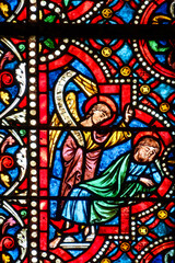 Fototapeta premium 2024-10-16, Auxerre, FRANCE. Stained glass (17th century) of The dream of Saint Joseph.
