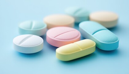 Variety of colorful tablets and capsules arranged on a blue background