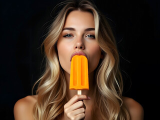 Attractive blonde girl eating an orange popsicle isolated on solid black background