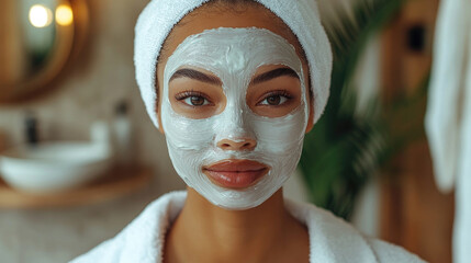 A young woman enjoys a skincare routine with a facial mask in her cozy bathroom, promoting relaxation and self-care