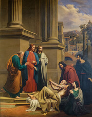 2024-10-16, Avallon, FRANCE. Painting (18th century) of Jesus-Christ healing the sick and wounded. Miracles of the Bible. .