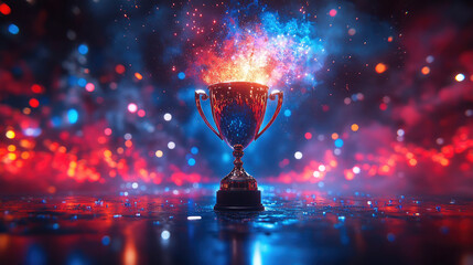 A beautiful trophy stands prominently, illuminated by colorful lights that create an exciting, celebratory ambiance