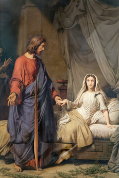 2024-10-16, Avallon, FRANCE. Painting (19th century) of miracles of Jesus: the resurrection of the daughter of Jairus. .