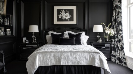 Elegant black and white bedroom featuring a stylish bed and decorative elements.