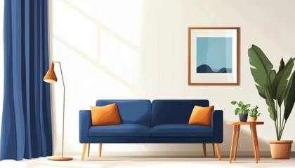 Modern living room interior with blue couch and greenery during daylight