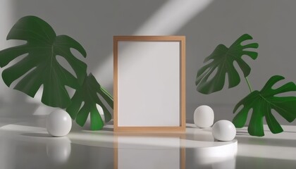 Minimalist decor featuring a blank frame and tropical leaves in natural light