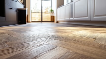 Fototapeta premium A kitchen with a window and a wooden floor. The floor is made of wood and has a checkered pattern