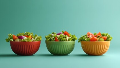 Colorful salad bowls filled with fresh vegetables against a teal background