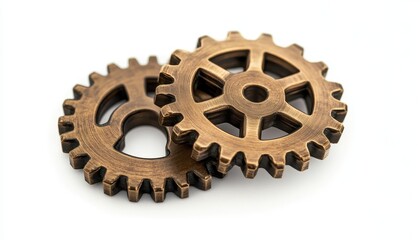 Bronze gears interlocked on a white background displaying mechanical components